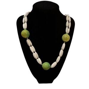 Vintage Green Lucite Double Strand Necklace White Oval Beads Retro Mod Jewelry